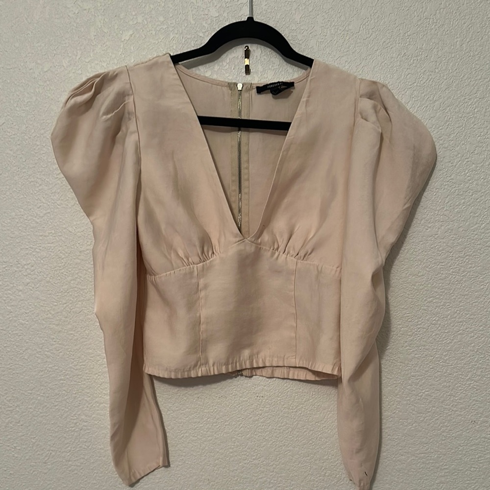 Forever 21 Tan Asymmetrical Puff Sleeve Crop Blouse - Picture 3 of 9